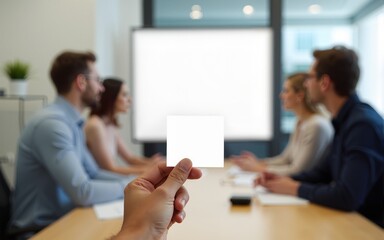 Blank card hand business opportunity teamwork office blurred group people meeting professional creative workspace communication concept planning collaboration modern casual brainstorming success