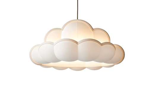 Cloud pendant lamp in cream white finish, sculptural floating form, ambient lighting, side profile view, isolated on a transparent background