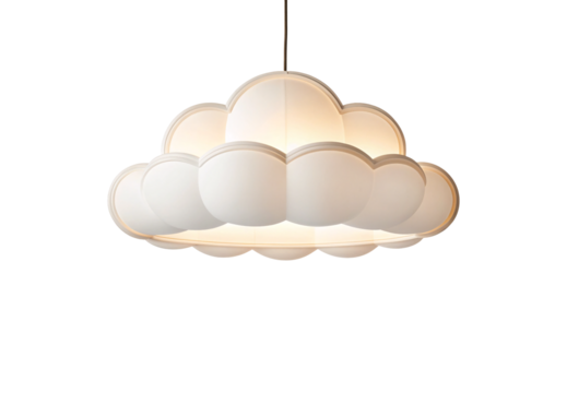 Cloud pendant lamp in cream white finish, sculptural floating form, ambient lighting, side profile view, isolated on a transparent background