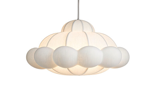 White cloud-shaped pendant light fixture with soft diffused glow, whimsical layered design, chrome suspension rod, isolated on a transparent background