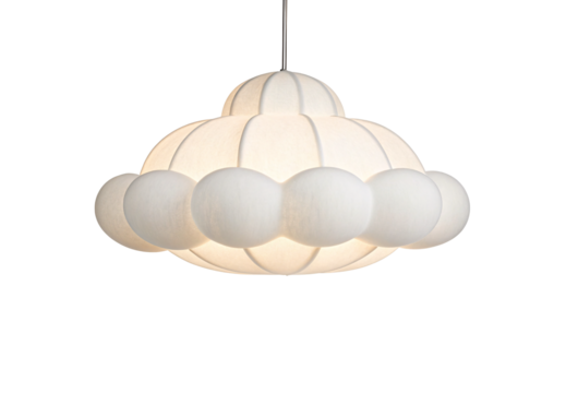 White cloud-shaped pendant light fixture with soft diffused glow, whimsical layered design, chrome suspension rod, isolated on a transparent background
