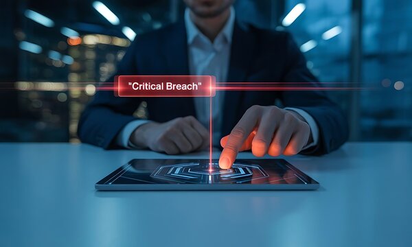Businessman Interacting with Digital Tablet, Critical Breach Alert, Cyber Security Concept.