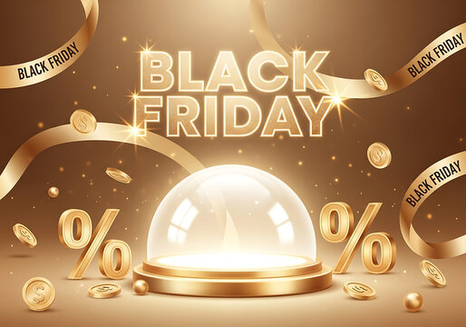 Black Friday Sale Template with Luxury 3D Gift Box, Balloon, Megaphone, Shopping Bag, and Golden Product Display Stand., gift box, transparency, 3D modern visuals, neon gradients, luxury offers