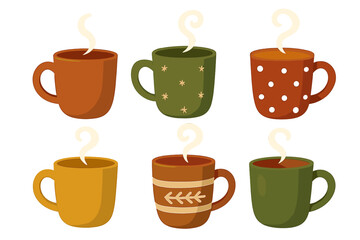 Collection of steaming hot beverage mugs with autumn and winter patterns