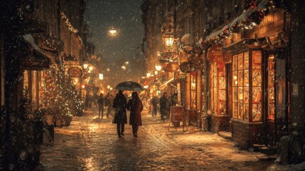 Obraz premium Romantic Winter Evening in a Festive Christmas City