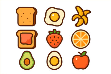 Colorful set of breakfast food icons featuring toast, fruit, and eggs
