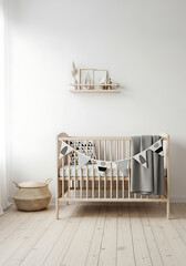 Wall mockup in children room, light cozy interior with wooden crib, 3D render, children&rsquo;s room decor, Scandinavian minimalism, nursery design, and cozy interiors