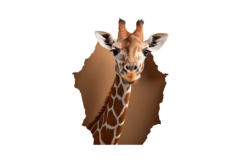 Giraffe head emerging through torn paper hole effect with natural savanna background visible, isolated on a transparent background