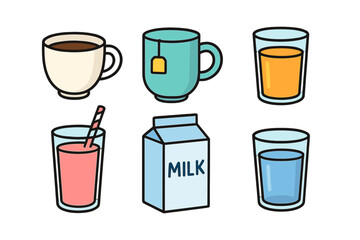 Assorted beverage icons: coffee, tea, juice, smoothie, milk, and water symbols