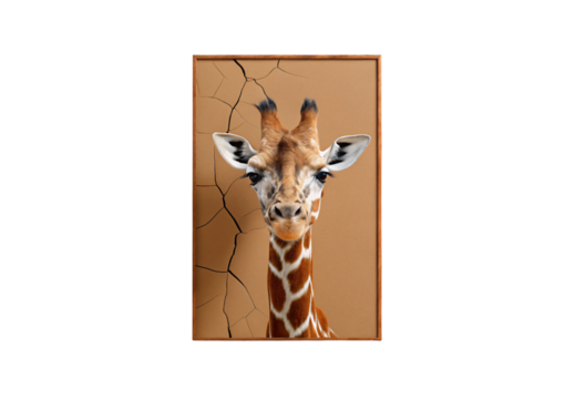 Framed giraffe portrait photo showing face and neck against cracked earth textured background wall, isolated on a transparent background