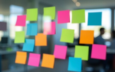 A brainstorming session featuring colorful sticky notes on a glass board, set against a blurred office backdrop. High quality