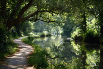 Serene Towpath Stroll: A Tanquil Adventure Along theCanal Amidst Lush Greeneryand Nature's Melody
