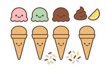 Cute cartoon ice cream scoops and waffle cones set with toppings and sprinkles