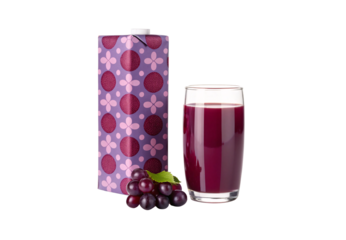Decorative purple carton with berry pattern next to glass of grape juice and grapes, isolated on a transparent background