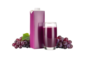 Purple grape juice carton with glass and fresh purple grapes cluster arrangement display, isolated on a transparent background