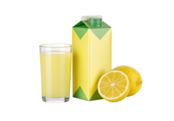 Yellow lemon juice carton and glass with fresh lemons and triangular green design, isolated on a transparent background