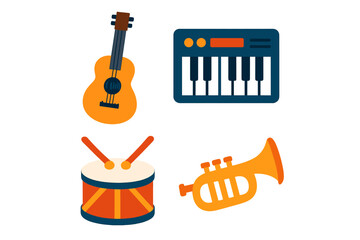 Acoustic guitar electronic keyboard drum and trumpet musical instruments set