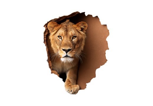 Lion emerging through torn paper hole looking forward with calm expression and mane, isolated on a transparent background
