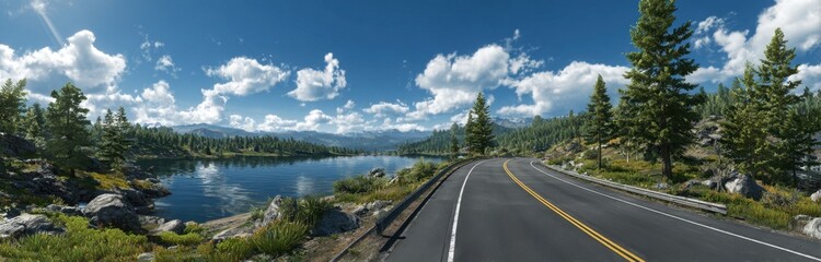 Scenic mountain road beside a tranquil lake surrounded by lush greenery and trees
