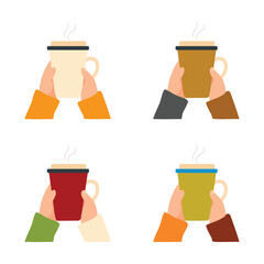 Flat illustration set of hands holding hot coffee mugs. Each design shows different colored sleeves and cups with steam rising, representing warmth and comfort. Ideal for winter, coffee shop, or cozy 