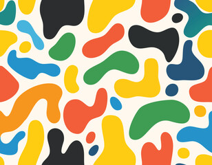Abstract colorful seamless pattern with organic blob shapes in vibrant tones of yellow, orange, green, blue, red, and black. The irregular fluid forms create a playful and modern design ideal for wall