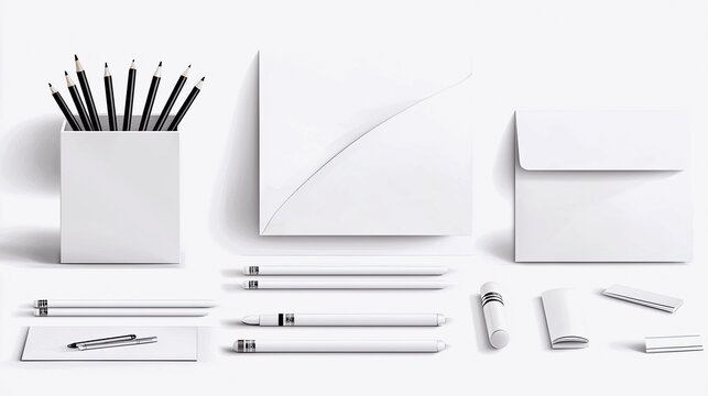 A collection of white stationery items, including pencils in a holder, pens, an envelope, and paper, arranged neatly on a white surface.