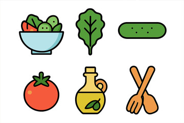 Collection of colorful food icons representing fresh salad ingredients and serving tools