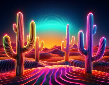 digital desert with holographic cacti glowing