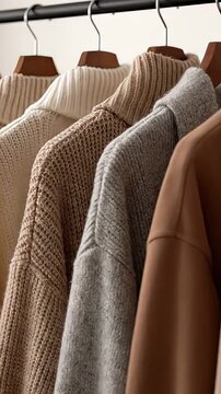 Warm wool sweaters in neutral, earthy colors hanging on wooden hangers in a closet. Cozy autumn and winter fashion collection in a store