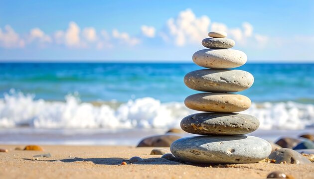 Stacked stones on a sandy beach. Waves crash behind the balanced stones under a sunny, blue sky with fluffy clouds. Coastal scenery - Powered by Adobe