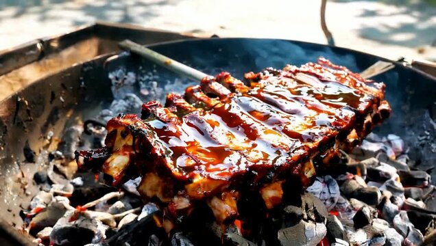 Smoky Glazed BBQ Ribs Sizzling Over Hot Coals on an Outdoor Grill