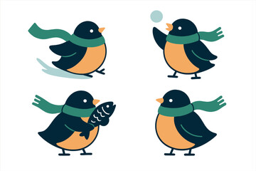 Four adorable cartoon birds enjoying various winter activities while wearing scarves