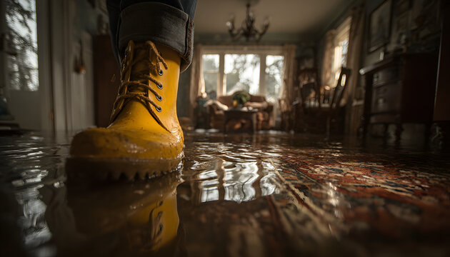 Person in yellow boots mops flooded floor in home after water damage. Mop removes water from house after disaster. Flood cleanup domestic problem.