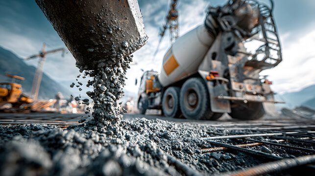 A concrete mixer truck releases a steady flow of wet cement onto a steel mesh framework at a bustling construction site. The scene is set against a backdrop of a bright blue sky and raw earth