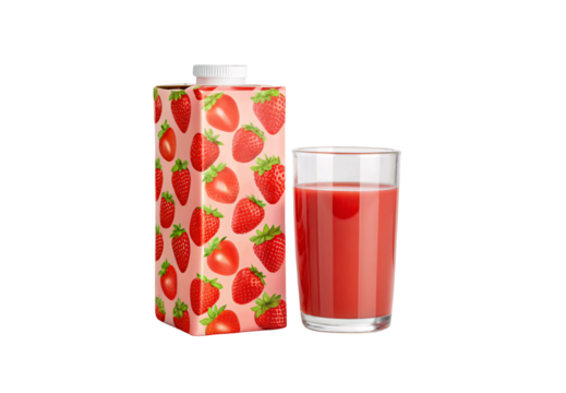 Pink strawberry-patterned juice box beside glass of red beverage, decorative fruit illustration packaging, transparent background