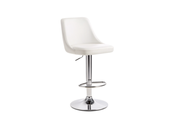 Modern white adjustable bar stool, sleek upholstered seat with chrome hydraulic base and circular footrest ring, isolated on a transparent background