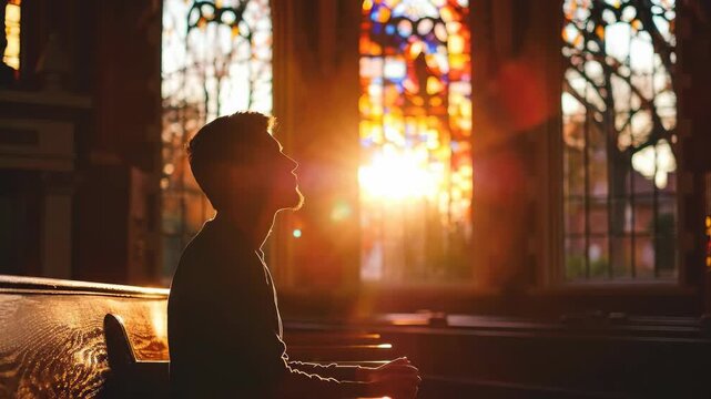 A person sits in solemn contemplation within a holy sanctuary, bathed in ethereal golden light streaming through vibrant, intricate stained glass panels, evoking deep spiritual reverence.