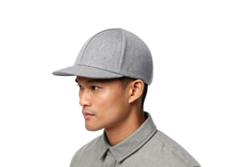 Young man wearing gray baseball cap profile view, casual headwear fashion accessory on male model, isolated on a transparent background
