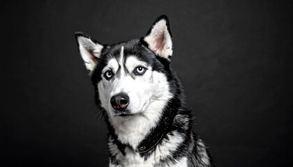 Striking husky portrait featuring blue eyes and black and white fur against a dark background