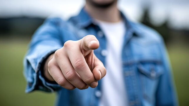 A person in a denim jacket points directly at the viewer with their index finger, set against a blurred outdoor background of green grass and trees, conveying a sense of direct address or selection