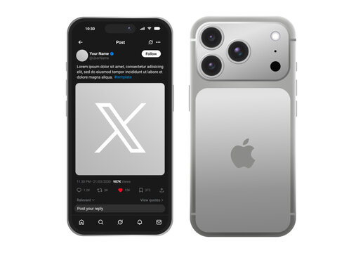 Twitter X App Post Interface Mockup on iPhone 17 Showing Front and Back Smartphone View, Social Media Mobile UI UX Design Template for Presentation
