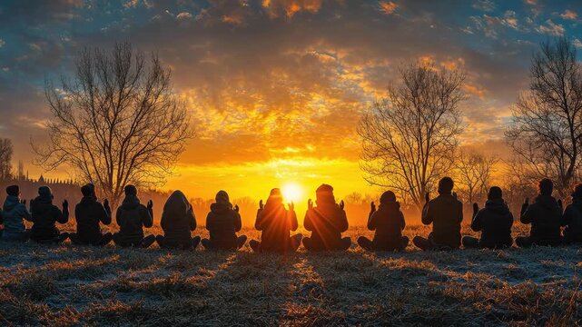 A peaceful congregation of mindful individuals performs sacred contemplation at sunrise. United souls observe solemn spiritual adoration outdoors, bathed in warm golden light.