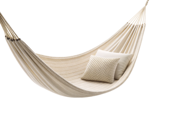 Cream colored hammock, woven texture, striped pattern, two pillows, tassel edging, suspended outdoor furniture, comfortable lounging, isolated on a transparent background
