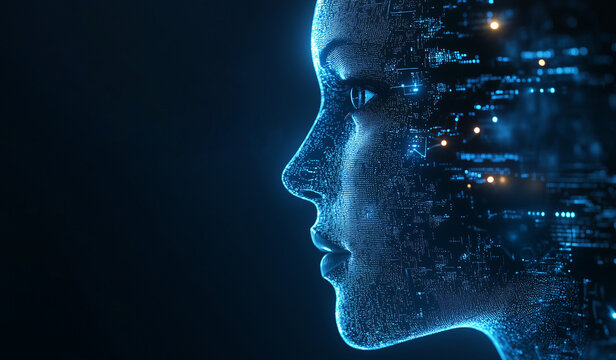 Artificial Intelligence Network - Digital Human Face with Data Streams of data and glowing dots symbolizing AI and digital connections.  - Powered by Adobe