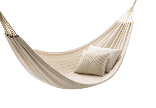 Cream colored hammock, woven texture, striped pattern, two pillows, tassel edging, suspended outdoor furniture, comfortable lounging, isolated on a transparent background