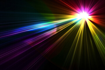 Obraz premium Colorful rainbow light rays shining diagonally with bright glow on dark abstract background