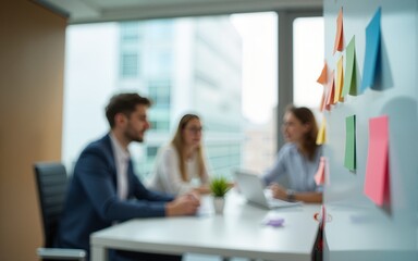 Close-up of a Whiteboard with Sticky Notes and Out-of-Focus People in a Meeting. High quality
