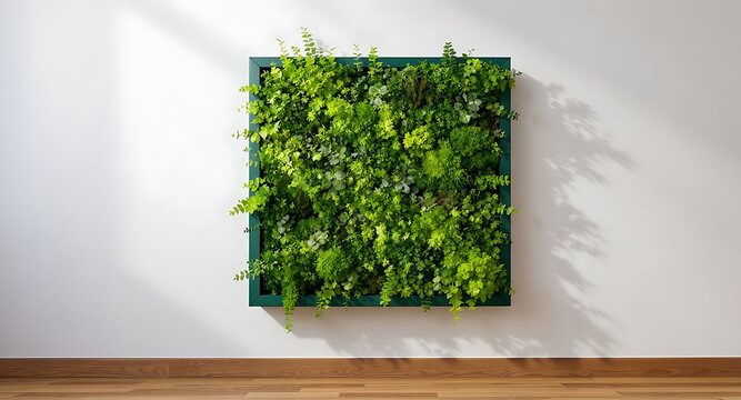 Square green wall art with various plants and a wooden floor, modern interior design. - Powered by Adobe