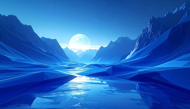 Striking crystalline blue mountains and a bright moon reflecting in a tranquil river under a dark blue sky