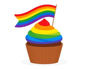 Colorful cupcake with rainbow frosting and a flag, against a clean white background